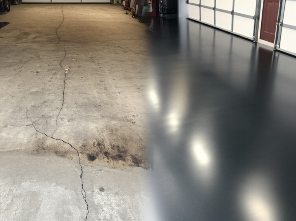 Garage floor before and after epoxy coating transformation