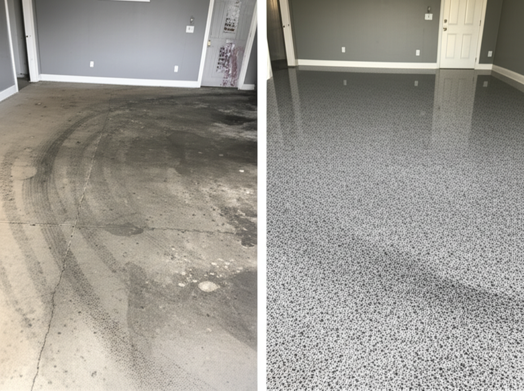 Residential garage before and after decorative flake coating