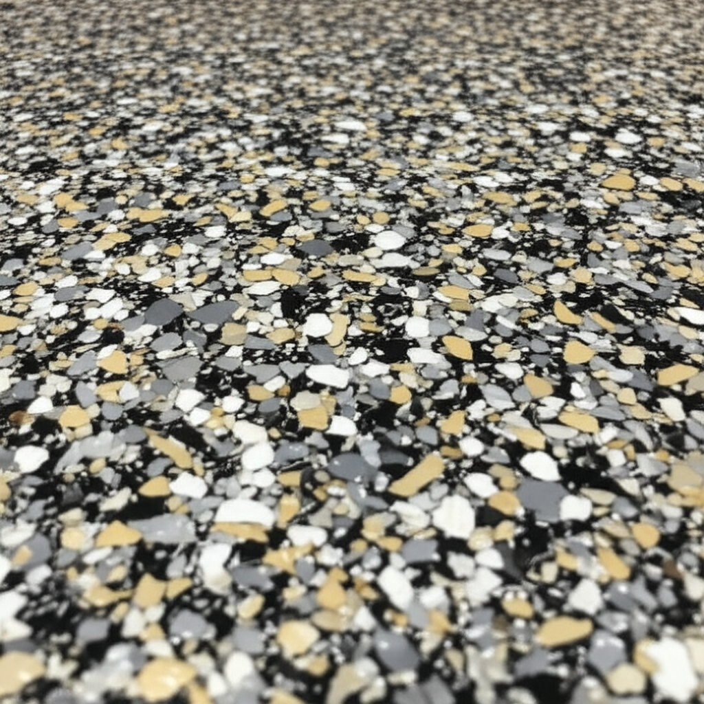 Close-up of decorative vinyl flake floor coating texture