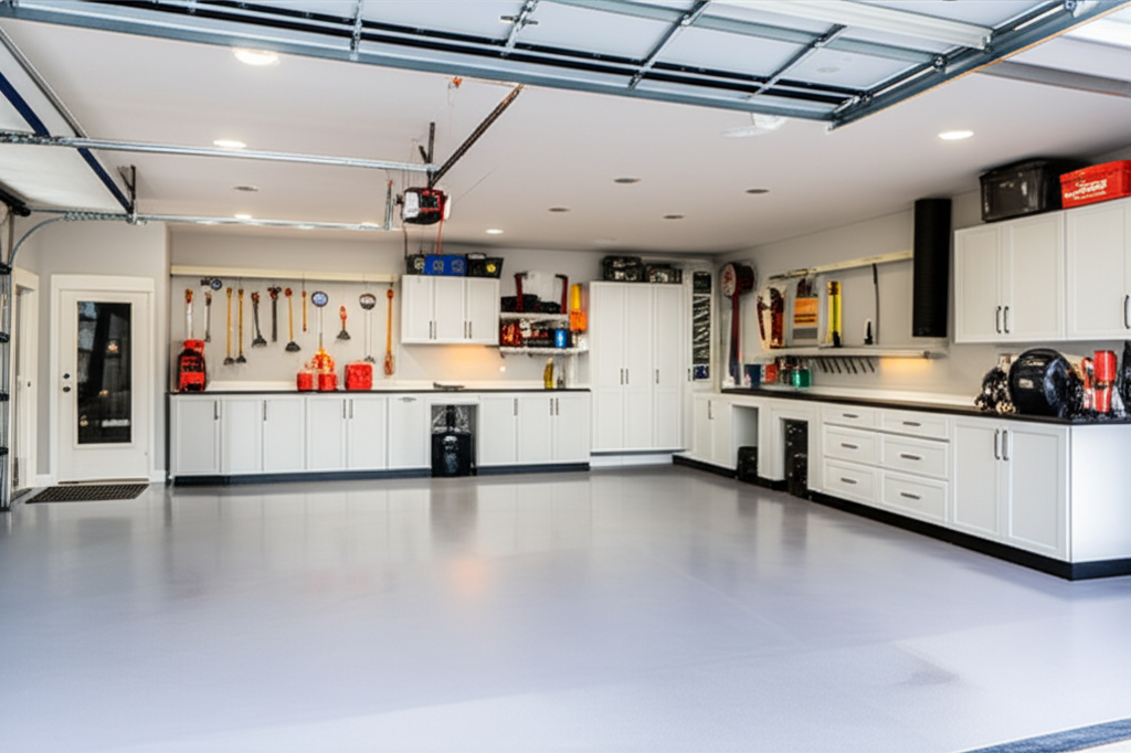 Organized garage with coated floor and LED lighting