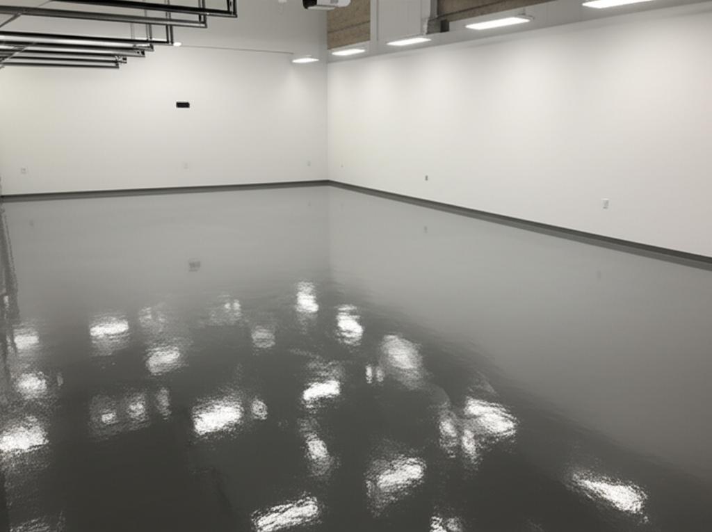 Pristine garage with glossy metallic epoxy floor coating