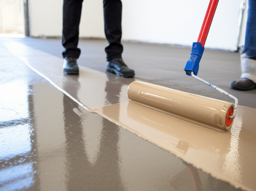 Professional applying polyaspartic coating to garage floor